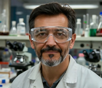 Russian scientist in lab coat examining peptide research sample, representing development of Selank at Institute of Molecular Genetics
