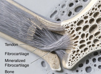 Schematic diagram of tendon-to-bone junction in preclinical musculoskeletal model, showing collagen fibers, fibrocartilage, and bone interface